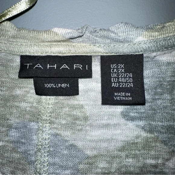 Tahari 2X plus-size 100% linen green camo lightweight‎ V-neck short sleeve top - Picture 5 of 6